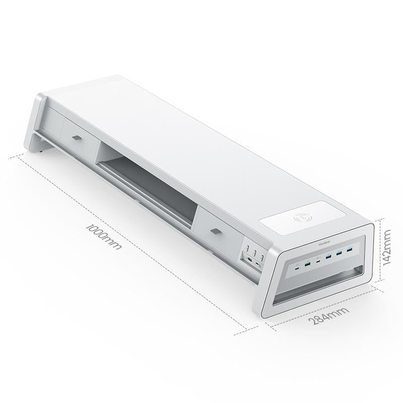 Vaydeer Metal Dual Monitor Stand Riser with 8USB Ports and Wireless Charging Pad with LED Light Strip for 2 Monitors , With2 Drawers, Desk Organizer for PC, Imac (39.3 Inches)