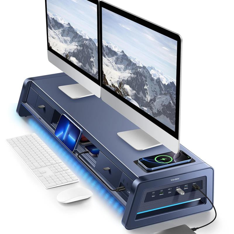 Vaydeer Metal Dual Monitor Stand Riser with 8USB Ports and Wireless Charging Pad with LED Light Strip for 2 Monitors , With2 Drawers, Desk Organizer for PC, Imac (39.3 Inches)