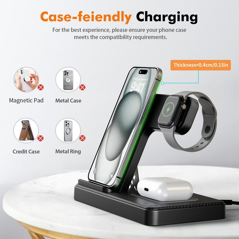 Portable 3-In-1 Wireless Charger Foldable Charging Station for Iphone 16 15 14 Pro Max 13 12 11 Iwatch 9 8 7 6 5 4 3 2 SE Airpods 3 2 Pro Multiple Devices Compatible with Android Phones and Smartwatch