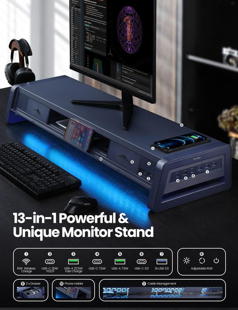 Vaydeer Metal Dual Monitor Stand Riser with 8USB Ports and Wireless Charging Pad with LED Light Strip for 2 Monitors , With2 Drawers, Desk Organizer for PC, Imac (39.3 Inches)