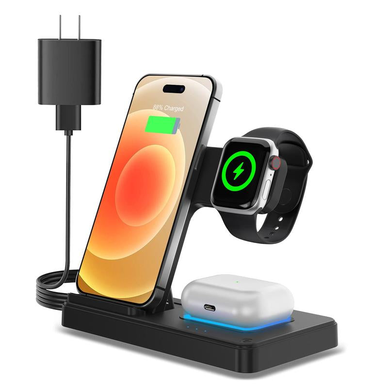 Portable 3-In-1 Wireless Charger Foldable Charging Station for Iphone 16 15 14 Pro Max 13 12 11 Iwatch 9 8 7 6 5 4 3 2 SE Airpods 3 2 Pro Multiple Devices Compatible with Android Phones and Smartwatch