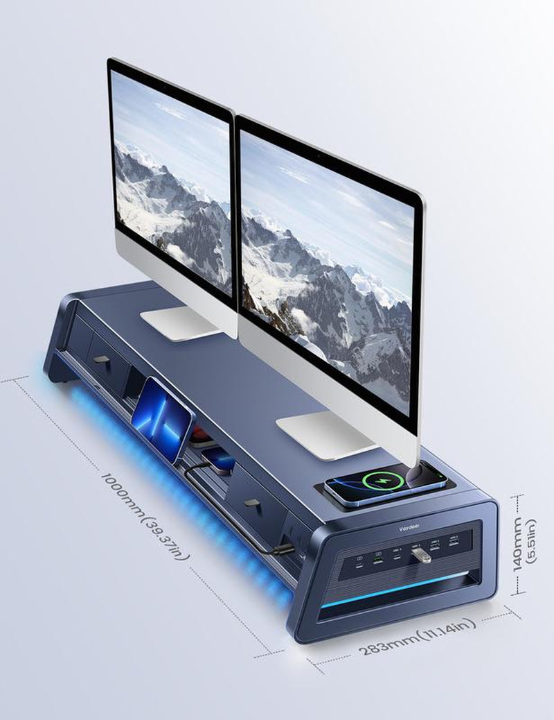 Vaydeer Metal Dual Monitor Stand Riser with 8USB Ports and Wireless Charging Pad with LED Light Strip for 2 Monitors , With2 Drawers, Desk Organizer for PC, Imac (39.3 Inches)