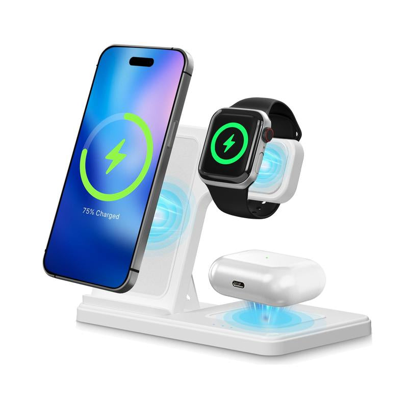 Portable 3-In-1 Wireless Charger Foldable Charging Station for Iphone 16 15 14 Pro Max 13 12 11 Iwatch 9 8 7 6 5 4 3 2 SE Airpods 3 2 Pro Multiple Devices Compatible with Android Phones and Smartwatch