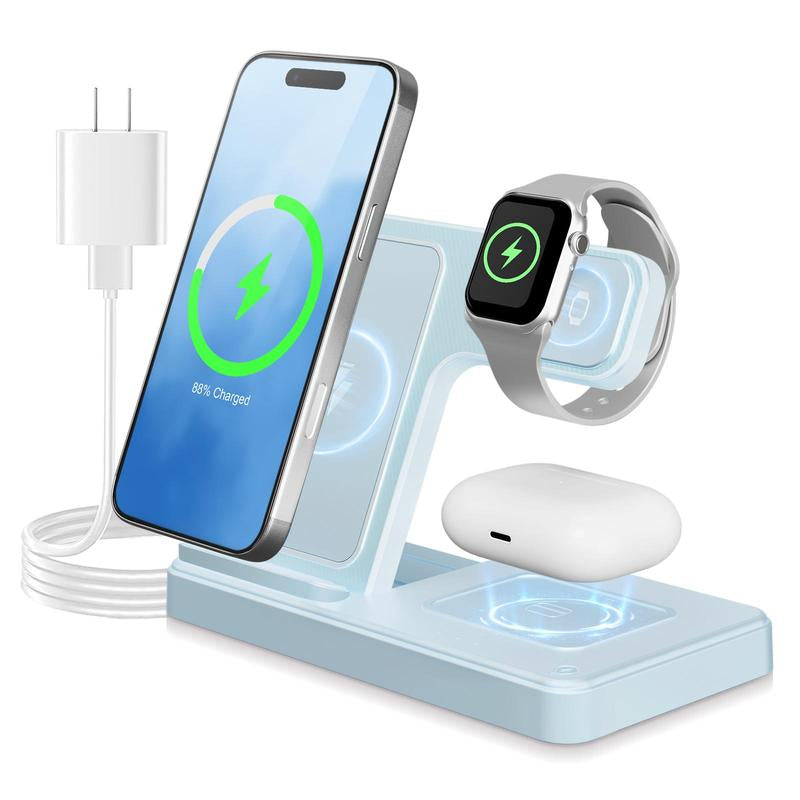 Portable 3-In-1 Wireless Charger Foldable Charging Station for Iphone 16 15 14 Pro Max 13 12 11 Iwatch 9 8 7 6 5 4 3 2 SE Airpods 3 2 Pro Multiple Devices Compatible with Android Phones and Smartwatch