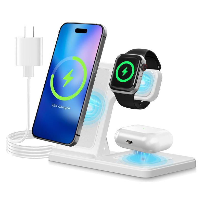 Portable 3-In-1 Wireless Charger Foldable Charging Station for Iphone 16 15 14 Pro Max 13 12 11 Iwatch 9 8 7 6 5 4 3 2 SE Airpods 3 2 Pro Multiple Devices Compatible with Android Phones and Smartwatch