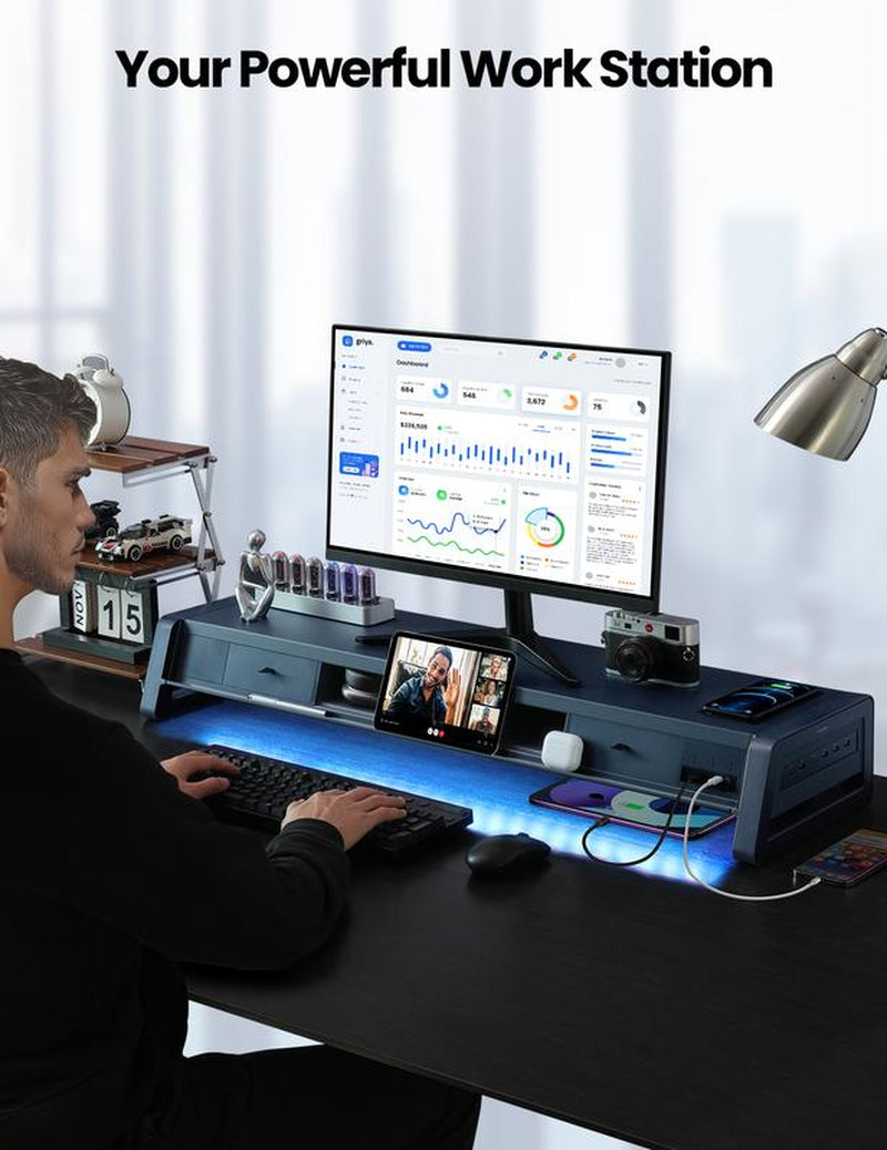 Vaydeer Metal Dual Monitor Stand Riser with 8USB Ports and Wireless Charging Pad with LED Light Strip for 2 Monitors , With2 Drawers, Desk Organizer for PC, Imac (39.3 Inches)