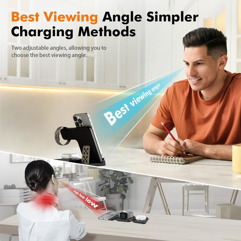 Portable 3-In-1 Wireless Charger Foldable Charging Station for Iphone 16 15 14 Pro Max 13 12 11 Iwatch 9 8 7 6 5 4 3 2 SE Airpods 3 2 Pro Multiple Devices Compatible with Android Phones and Smartwatch