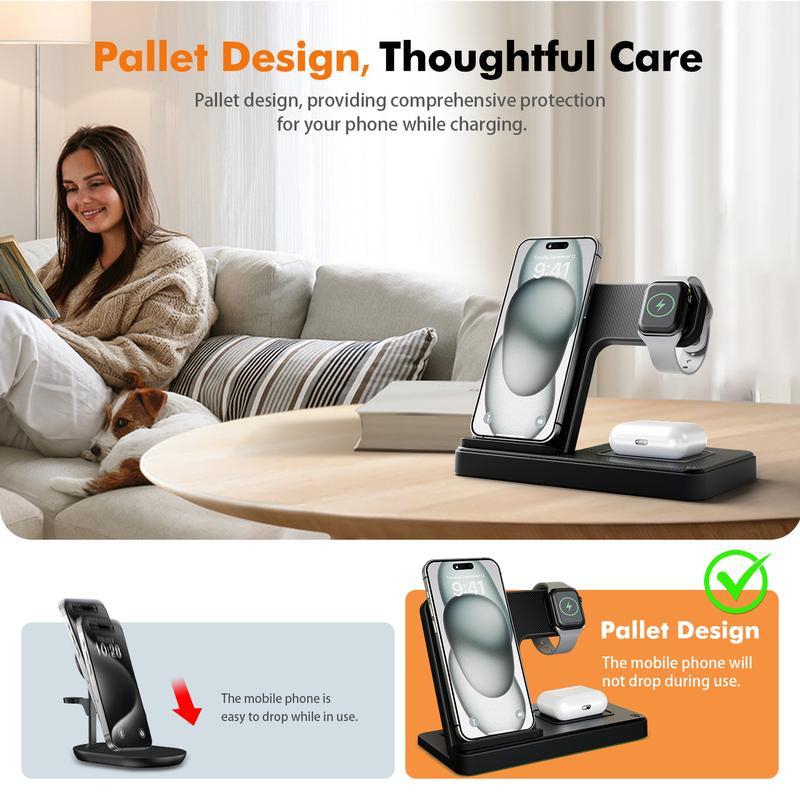 Portable 3-In-1 Wireless Charger Foldable Charging Station for Iphone 16 15 14 Pro Max 13 12 11 Iwatch 9 8 7 6 5 4 3 2 SE Airpods 3 2 Pro Multiple Devices Compatible with Android Phones and Smartwatch
