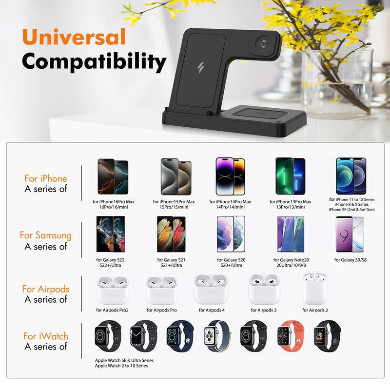 Portable 3-In-1 Wireless Charger Foldable Charging Station for Iphone 16 15 14 Pro Max 13 12 11 Iwatch 9 8 7 6 5 4 3 2 SE Airpods 3 2 Pro Multiple Devices Compatible with Android Phones and Smartwatch