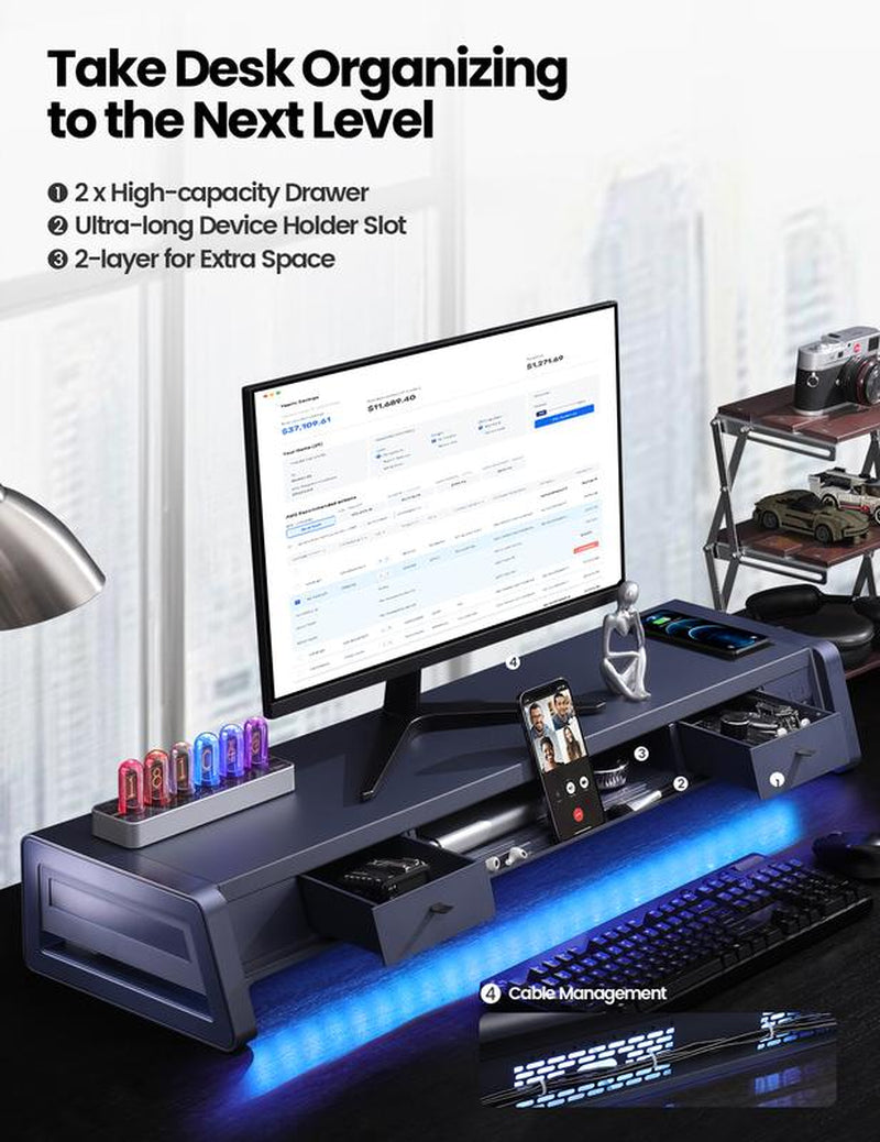 Vaydeer Metal Dual Monitor Stand Riser with 8USB Ports and Wireless Charging Pad with LED Light Strip for 2 Monitors , With2 Drawers, Desk Organizer for PC, Imac (39.3 Inches)