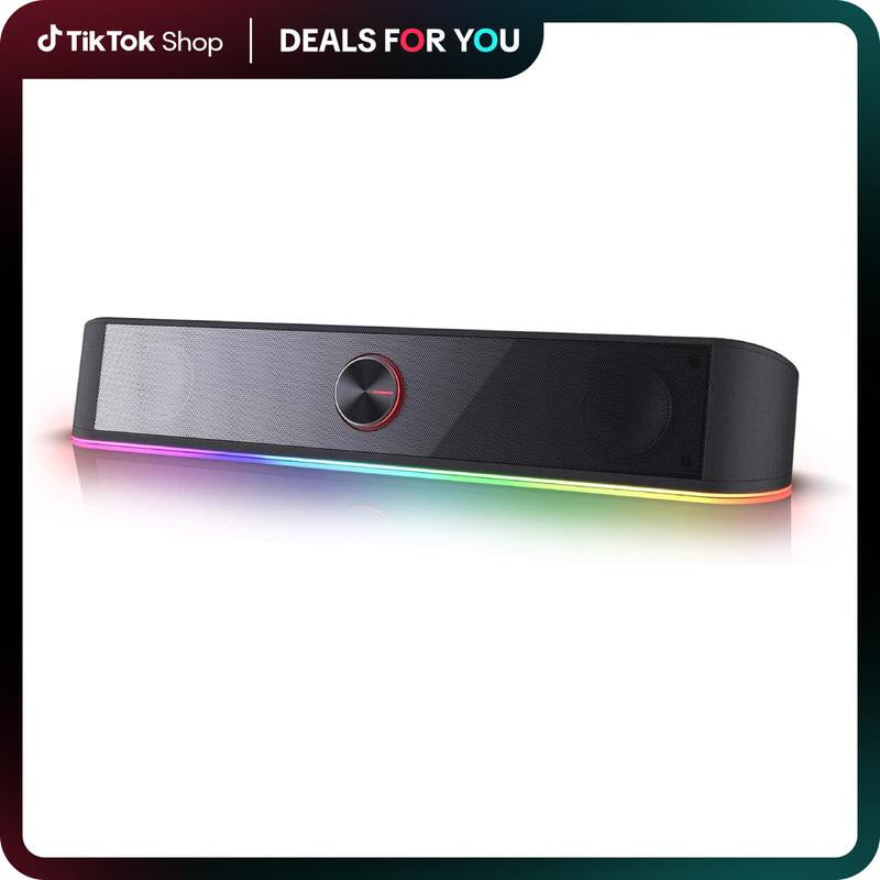 Redragon GS560 RGB Desktop Soundbar, 2.0 Channel Computer Speaker with Dynamic Lighting Bar Audio-Light Sync/Display, Touch-Control Backlit with Volume Knob, USB Powered W/ 3.5Mm Cable, Black