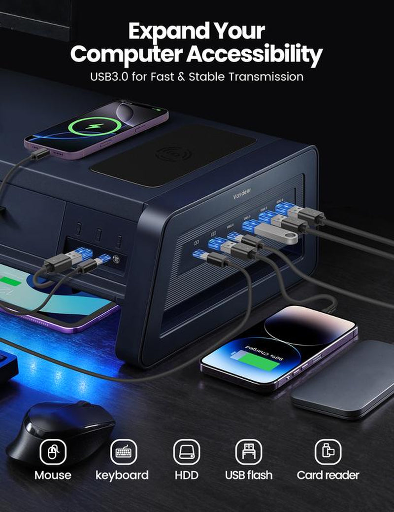 Vaydeer Metal Dual Monitor Stand Riser with 8USB Ports and Wireless Charging Pad with LED Light Strip for 2 Monitors , With2 Drawers, Desk Organizer for PC, Imac (39.3 Inches)