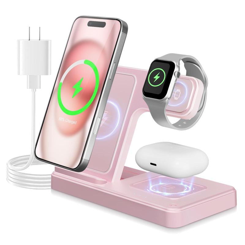 Portable 3-In-1 Wireless Charger Foldable Charging Station for Iphone 16 15 14 Pro Max 13 12 11 Iwatch 9 8 7 6 5 4 3 2 SE Airpods 3 2 Pro Multiple Devices Compatible with Android Phones and Smartwatch