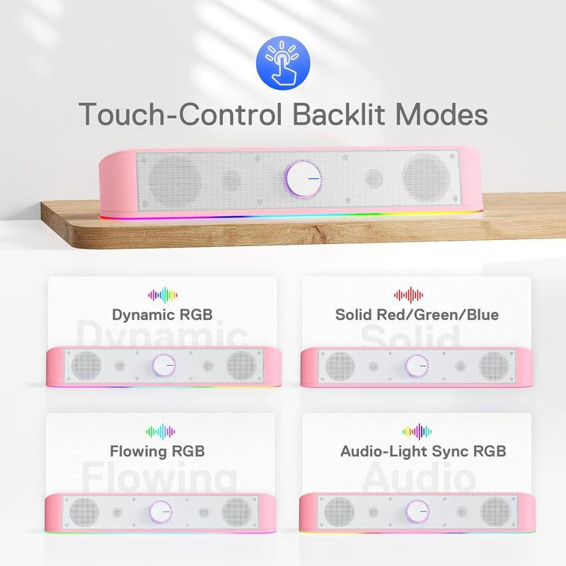 Redragon GS560 RGB Desktop Soundbar, 2.0 Channel Computer Speaker with Dynamic Lighting Bar Audio-Light Sync/Display, Touch-Control Backlit with Volume Knob, USB Powered W/ 3.5Mm Cable, Black