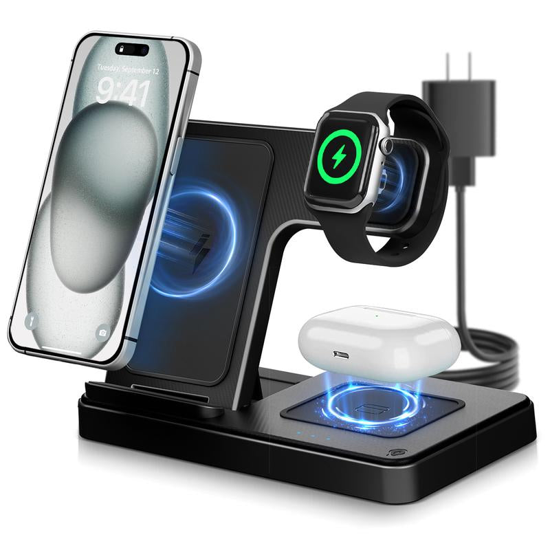 Portable 3-In-1 Wireless Charger Foldable Charging Station for Iphone 16 15 14 Pro Max 13 12 11 Iwatch 9 8 7 6 5 4 3 2 SE Airpods 3 2 Pro Multiple Devices Compatible with Android Phones and Smartwatch