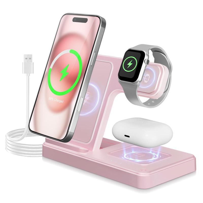 Portable 3-In-1 Wireless Charger Foldable Charging Station for Iphone 16 15 14 Pro Max 13 12 11 Iwatch 9 8 7 6 5 4 3 2 SE Airpods 3 2 Pro Multiple Devices Compatible with Android Phones and Smartwatch